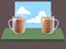 Vector clear glass two mugs with hot drink on table and sky back