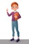 Vector clever smiling boy index finger pointing up with idea.