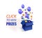 Vector Click to Win Prizes Illustration, Web Banner Colorful Template, Surprise Box with Lottery Balls, Blue Balloons.