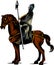 Vector clip art illustration of an armored knight on a scary black horse with red eyes charging or jousting with a lance