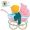 Vector clip art illustration of little baby crawls out of a baby carriage