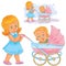 Vector clip art illustration older sister wheeled baby carriage with kid