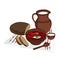 Vector clipart of Borscht with bread and milk - dish of Ukrainian traditional cuisine. A plate with red tomato soup, sliced rye
