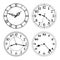 Vector clock faces in black and white. Arabic and roman numerals.