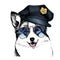 Vector close up portrait of police dog. Welsh corgi pembroke wearing the peak cap and sunglasses.