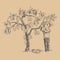 Vector cocoa tree with man character farmer hand drawn sketch