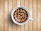 Vector Coffee cup with time lettering you can start again on realistic wooden background. Cappuccino from above with