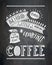 Vector coffee lettering on the chalk board . Poster with inscription about coffee drinks.