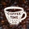 Vector Coffee Time illustration on blurred unfocused background with coffee beans. Trendy cup