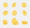 Vector coins, gold coins, dollars money in different angles on transparency background