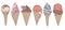 Vector colection set with cute delicious looking cartoon ice cream cones