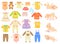 Vector collection of baby and children clothes for boys and girls. Cute baby crawls and plays