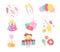 Vector collection of birthday party decor elements - confetti, hat, magic wand, bd cake, candy, balloons, gifts isolated.