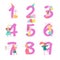 Vector collection of birthday party numbers with happy kid characters celebrating and party hats, gifts, candy, pinata, decor elem