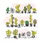 Vector collection of black hand drawn cactus standing in row sketch collection isolated on white background.