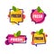 Vector collection of bright and shine speech bubble stickers, emblems and banners with leaf and fresh word