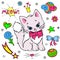 Vector collection of colorful stickers for girls. Kitty, flowers, bows, ball, stars, speech, hearth, clouds.