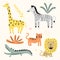 Vector collection of cute animals for kids. Jungle animals with lion, crocodile, cat, zebra. Hand drawn graphic zoo. Perfect for