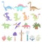 Vector collection of cute cartoon imaginary dinosaurs and ancient plants