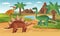 Vector collection of cute flat dinosaurs, including stegosaurus, brachiosaurus, highlighted against the background of