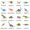 Vector collection of cute flat dinosaurs, including T-rex, Stegosaurus, Velociraptor, Pterodactyl, Brachiosaurus and