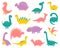 Vector collection of cute flat dinosaurs, including T-rex, Stegosaurus, Velociraptor, Pterodactyl, Brachiosaurus and