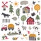 Vector collection of cute hand drawn farm animals, trees, houses, tractor, mill.