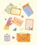 Vector Collection of different envelopes with mail, postmarks and postcards illustrations, handmade cards in the flat