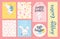 Vector collection of Easter holiday congratulation cards, tags, stickers with lettering, cute little bunny character with easter e