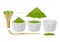 Vector collection of empty bowls and filled with matcha powder,wooden stick and whisk