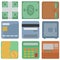 vector collection of finance icons: dollars, cash, wallet, card, safe, atm machine, coins, calculator round edges square icon iso