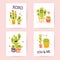 Vector collection of flat cute love cards with funny hand drawn cacti icons and portraits, lettering congratulations and heart sha