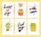 Vector collection of flat cute love cards with funny hand drawn cacti icons and portraits, lettering congratulations and heart sha