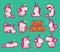 Vector collection of flat funny unicorns portrait isolated on pink background.