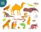 Vector collection of flat hand drawn desert animal, reptiles, insects: camel, snake, lizard isolated on white background.