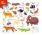 Vector collection of flat hand drawn rare wild animals isolated on white background: zebra, tiger, flamingo, echidna, yak, panda.