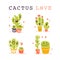 Vector collection of flat smiling cacti friends in cartoon style standing isolated on white background.