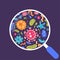 Vector collection of flat virus and microbe illustrations in magnifying glass. Bacteria icon set. Colourful cartoon amoebas and