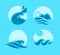 Vector collection of flat water wave icons on blue background.