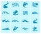 Vector collection of flat water wave icons isolated on blue background.