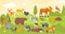 Vector collection of forest animals and birds: bear, fox, hare, owl isolated on woodland landscape background. Flat hand drawn sty