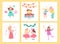 Vector collection of girls birthday party cards with bd cake, garlands, decor elements and happy kids characters.