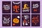 Vector collection of Halloween flat celebration cards, flayers with funny animals, traditional halloween elements and spooky party