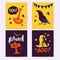 Vector collection of Halloween flat celebration cards, flayers with funny animals, traditional halloween elements and spooky party