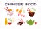 Vector collection of hand drawn Chinese food items isolated on white background.