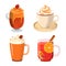 Vector collection of hot autumn drinks. Hot chocolate, coffee, cocoa with whipped cream and tea