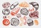 Vector collection of illustrations for bakery shop, cooking in color. Hand drawn sweet products, desserts, pastries, baking goods