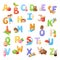 Vector collection of isolated cartoon letters of the English alphabet with colorful illustrations.