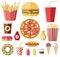 Vector collection of isolated colorful flat styled food and drins icons