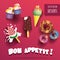 Vector Collection of isolated ice creams and desserts with bon appetit title